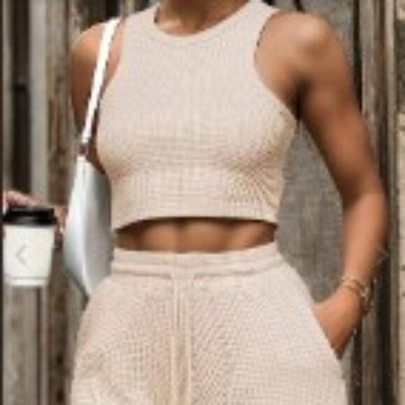 Dressin 2pc Ribbed Fabric Racerback Crop Top & Shorts / Drawstring Women size XL - Picture 14 of 14